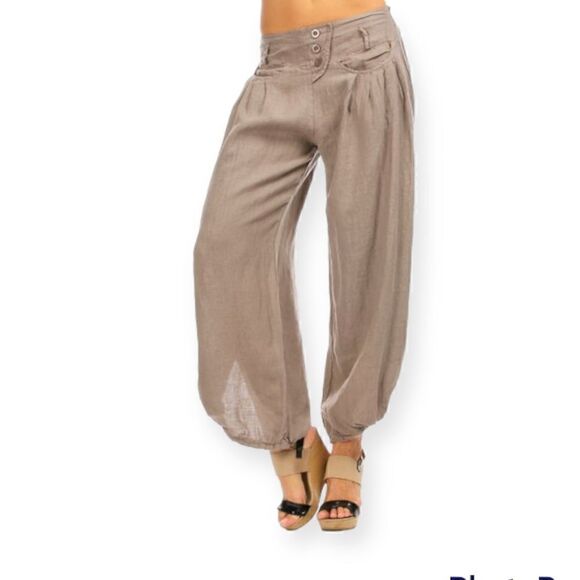 ITALIAN LINEN BOHO SLOUCHY PANTS BEIGE TAN NATURAL S/M NWT - Picture 3 of 10